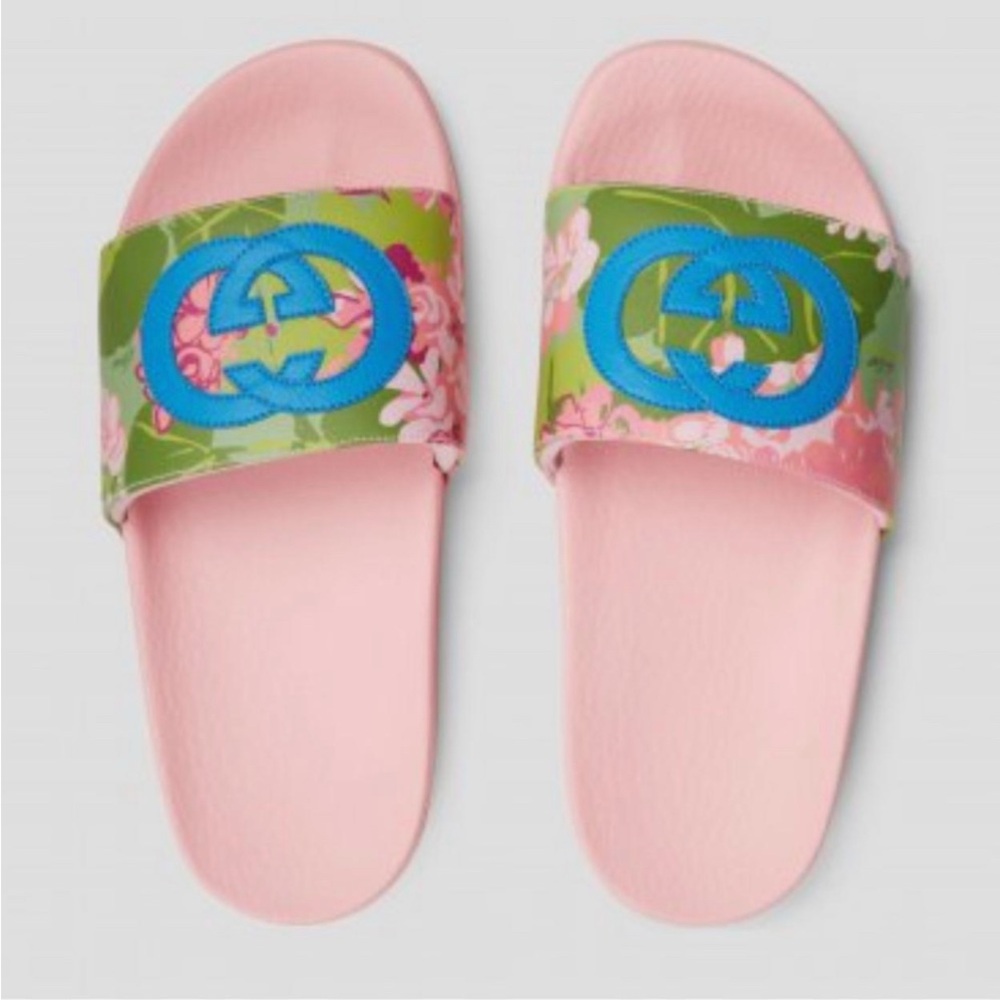 Gucci Pink and Green Floral Slides with Blue Emblem Size 41